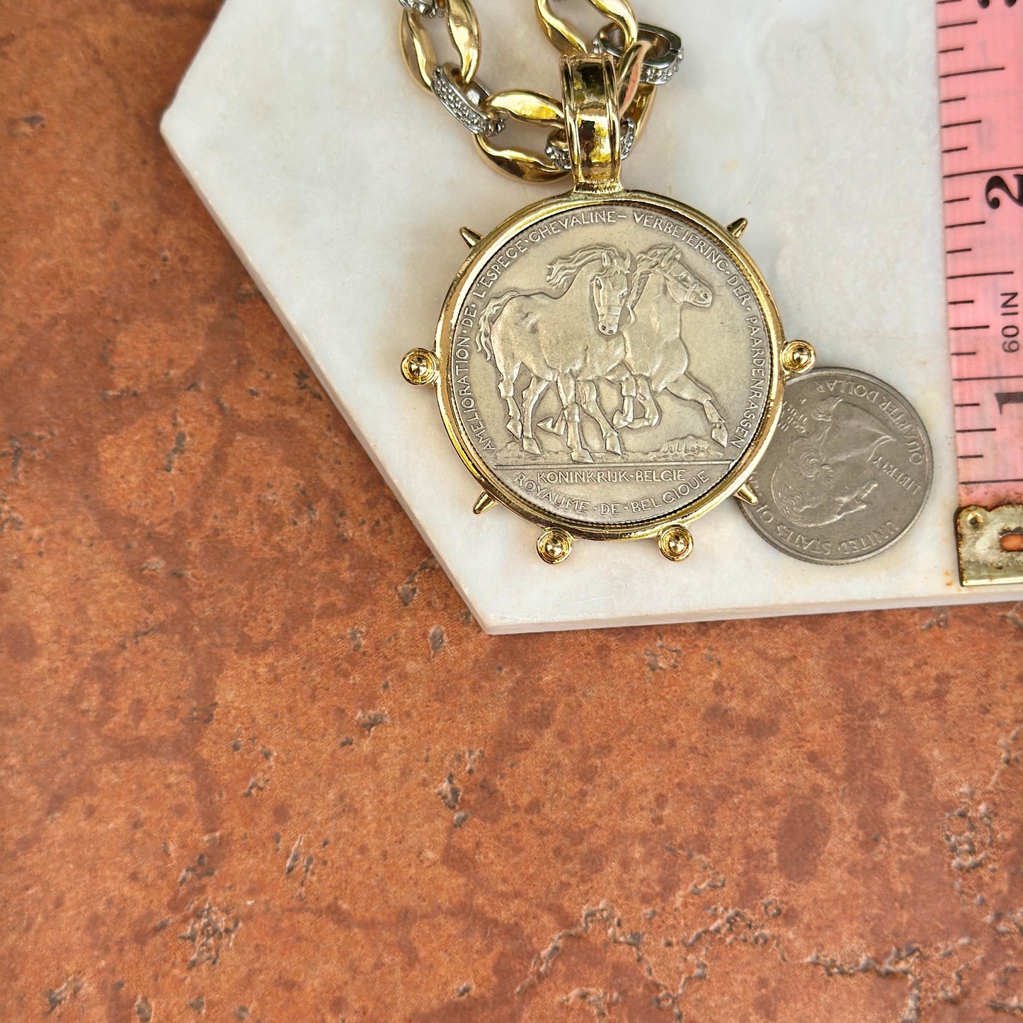 Yellow Gold-Plated + Silver Tone Link Hainaut 1906 Horse Coin Necklace
