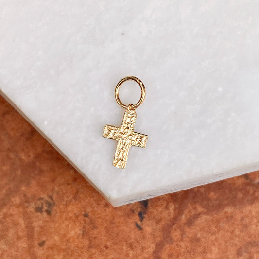 14KT Yellow Gold MINI Shiny Floral Cross Pendant Charm