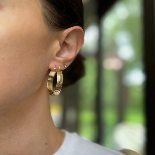 14KT Yellow Gold Ribbed Design Round Hoop Earrings 35mm