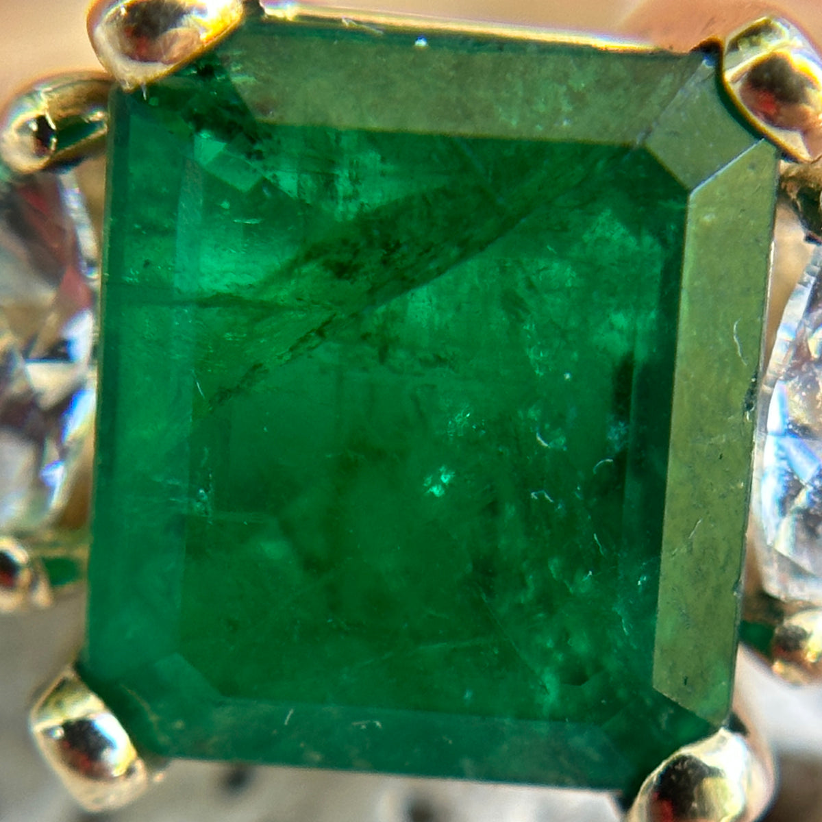 Estate 14KT Yellow Gold 2.89 CT Emerald-Cut Emerald + Trillion Diamond Ring