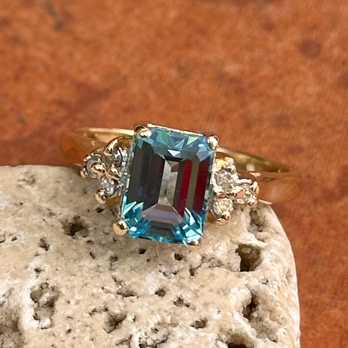 Estate 14KT Yellow Gold Emerald-Cut Blue Topaz + Diamond Ring