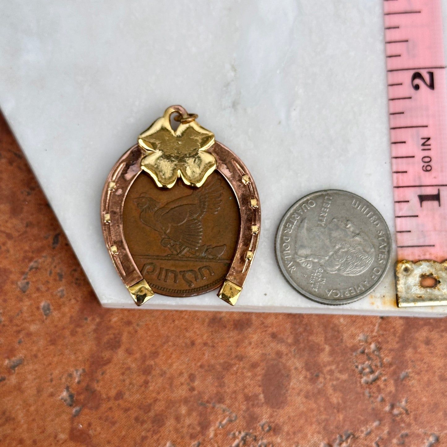 Copper Horseshoe and 4 Leaf Clover + 1942 Erie Harp Hen Irish Coin Pendant