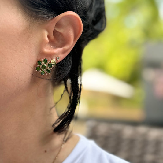 Sterling Silver Yellow Gold-Plated Chrome Green Gemstone + Cubic Zirconia Earrings