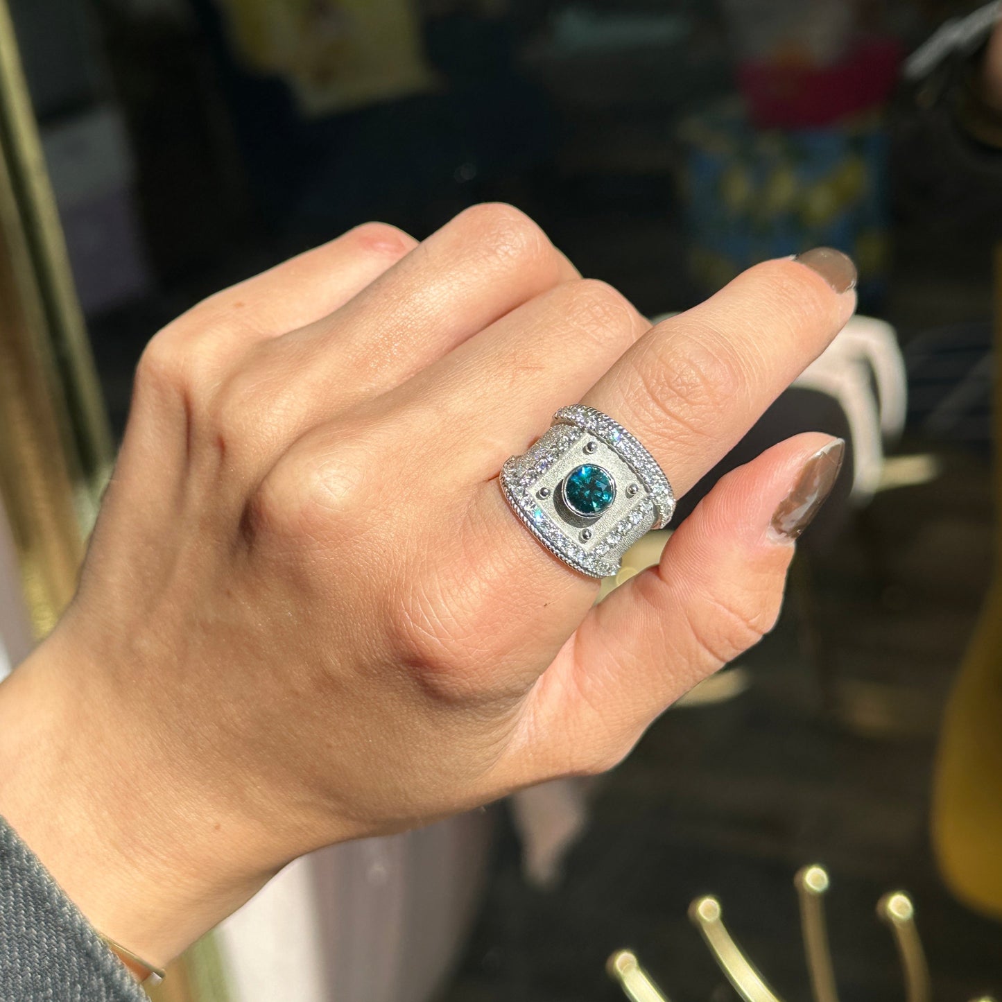 Estate 18KT White Gold Byzantine Blue Diamond Matte Ring