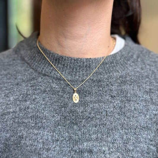 14KT Yellow Gold Oval Textured Cut-Out Cross Pendant Charm