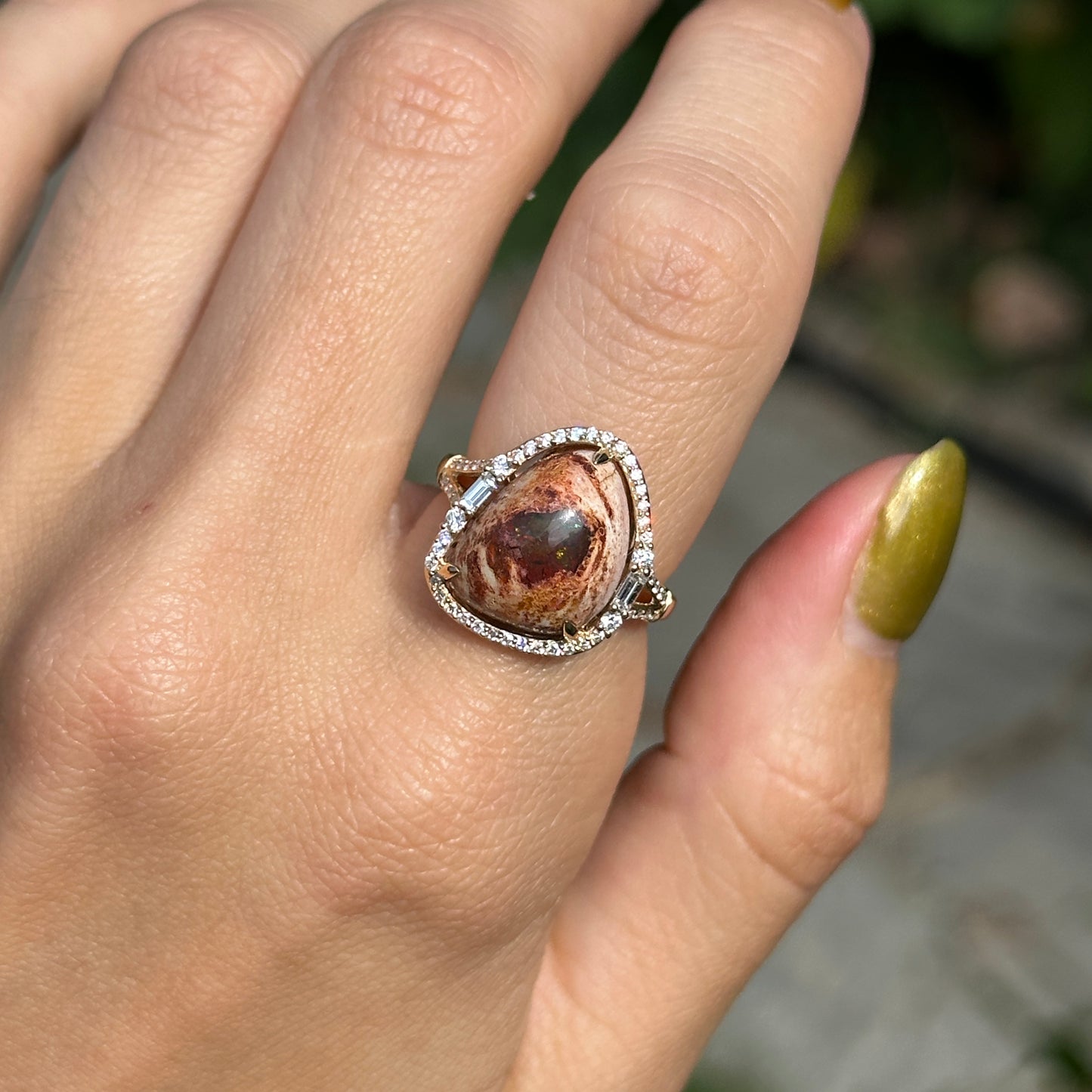 18KT Yellow Gold Dragons Egg Opal Baguette + Round Diamond Ring