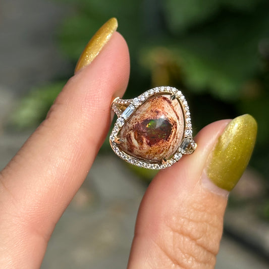 18KT Yellow Gold Dragons Egg Opal Baguette + Round Diamond Ring