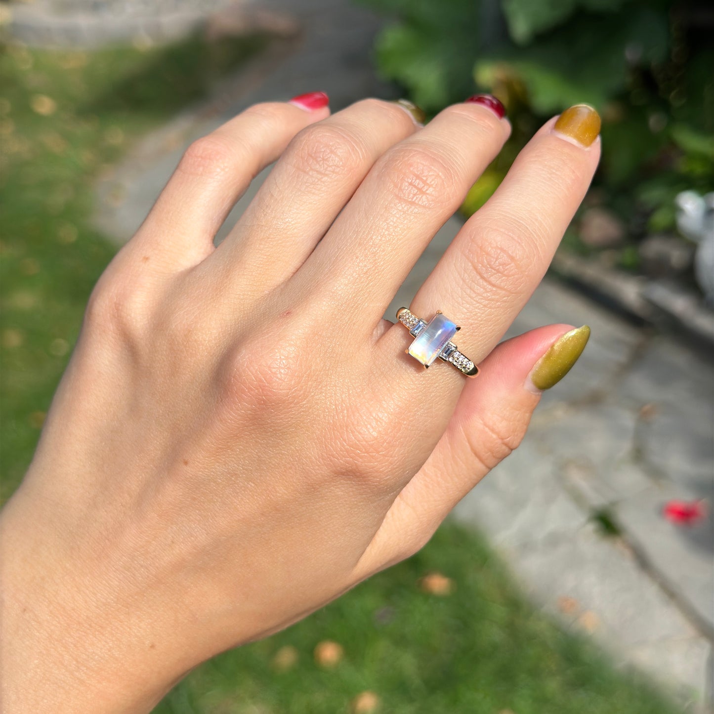 18KT Yellow Gold Rectangle Cabochon Moonstone + Diamond Ring