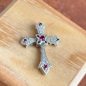14KT White Gold Ruby + Diamond Pendant Cross - LSJ
