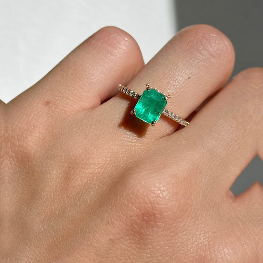 14KT Yellow Gold Colombian Emerald-Cut Emerald + Diamond Hidden Halo Ring