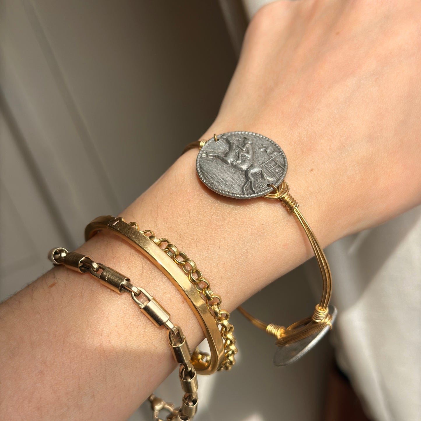 Estate Bourbon & Bowties Yellow Plated Copper Wire Bracelet + Silver Tone Horse Links