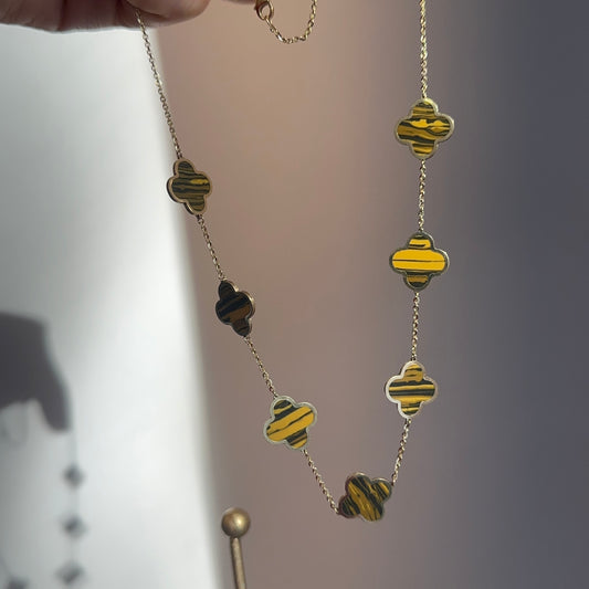 14KT Yellow Gold Tiger's Eye 14mm Clover Station Necklace