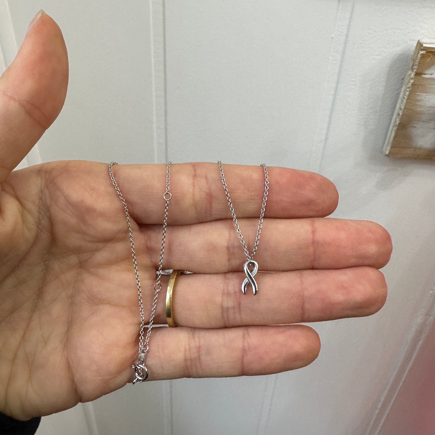 Platinum Cancer Awareness Ribbon Pendant Chain Necklace