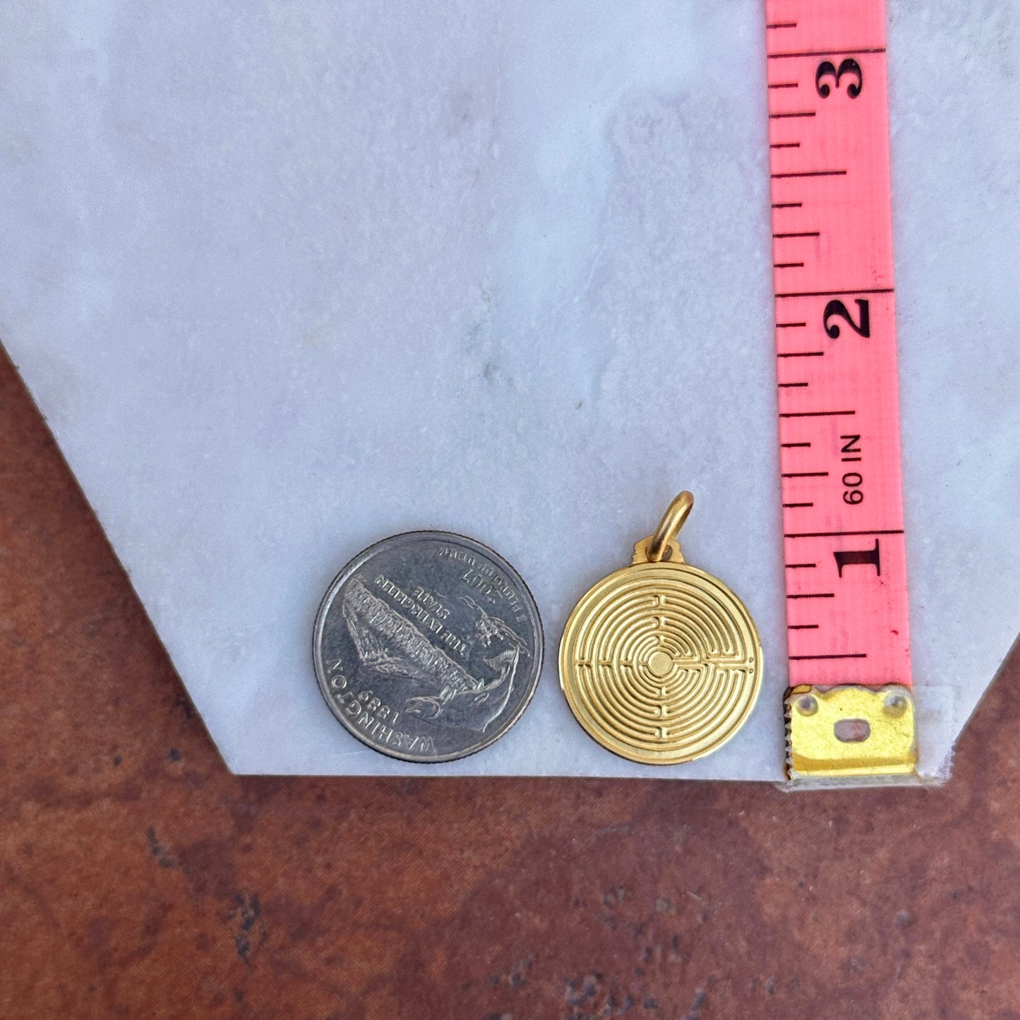 14KT Yellow Gold Greek Labyrinth Round Matte Medal Pendant 21mm