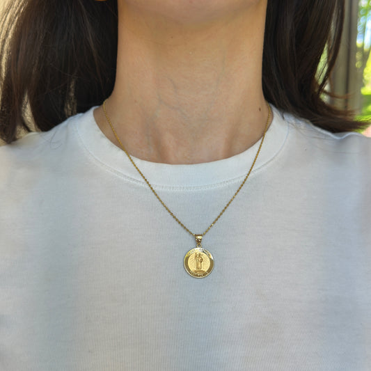 14KT Yellow Gold Satin St Raphael Round Medal Pendant 20mm