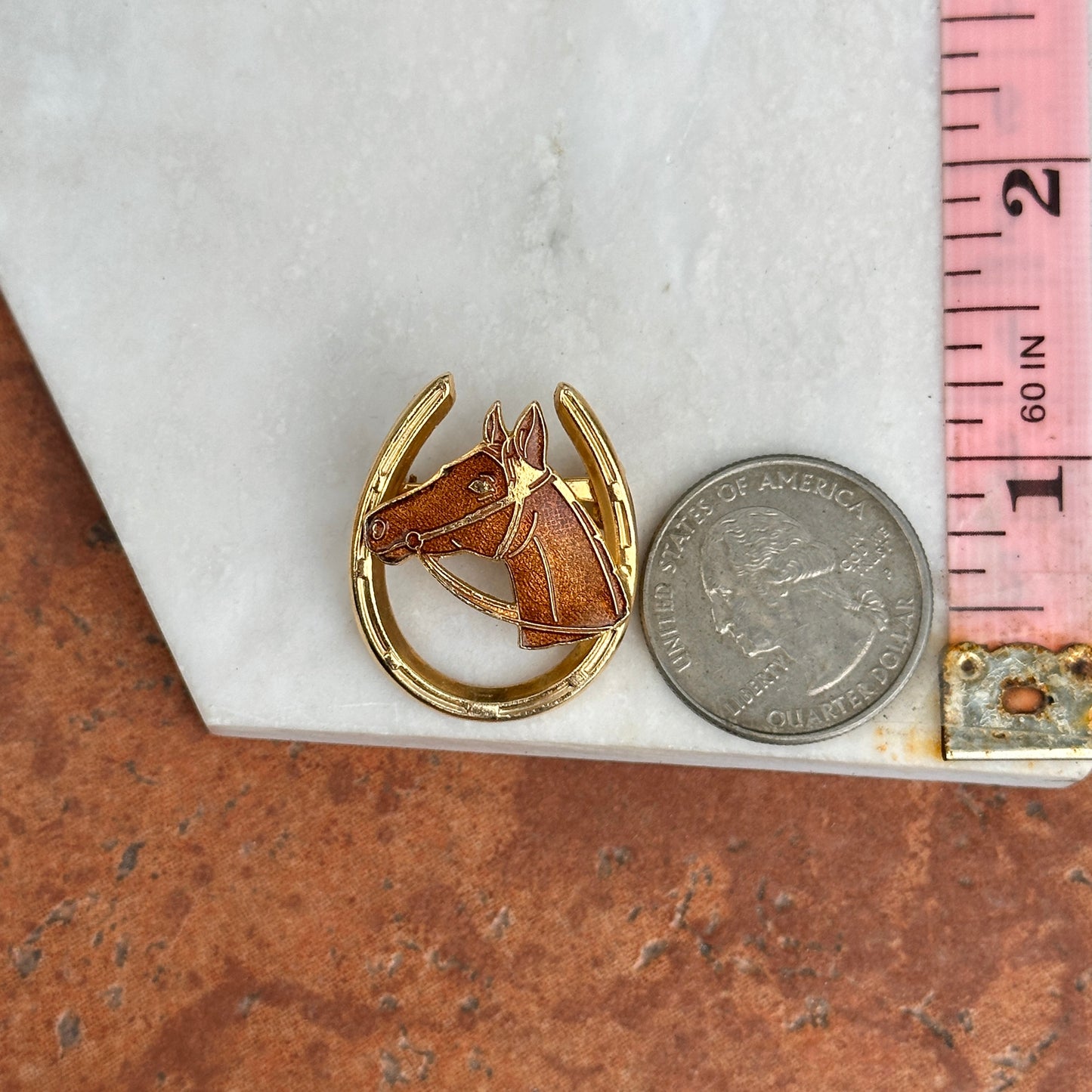 Estate Yellow Gold Tone Enamel Horse Head in Horseshoe Pin/Brooch