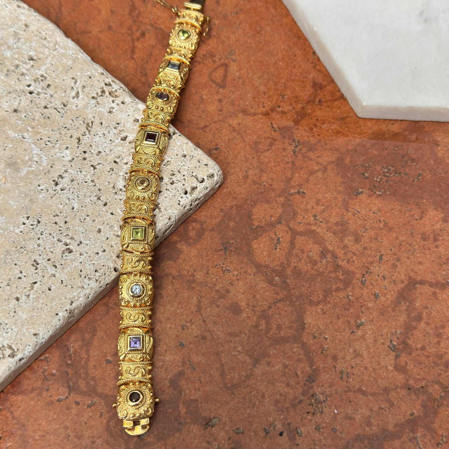 Estate Yellow Gold Plated Byzantine Gemstone Link Bracelet