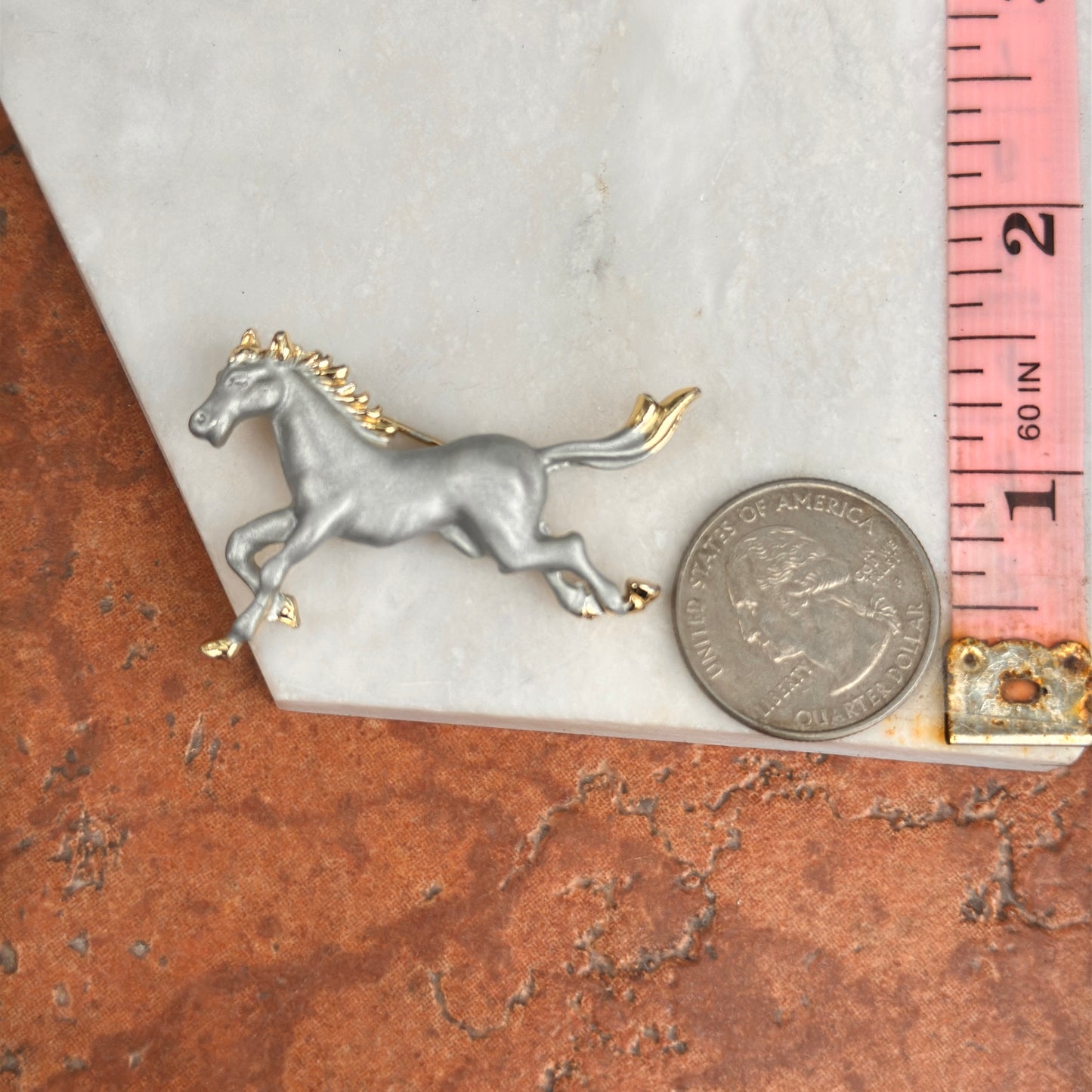 Estate Yellow and Silver Tone Matte and Shiny Running Horse Pin/Brooch