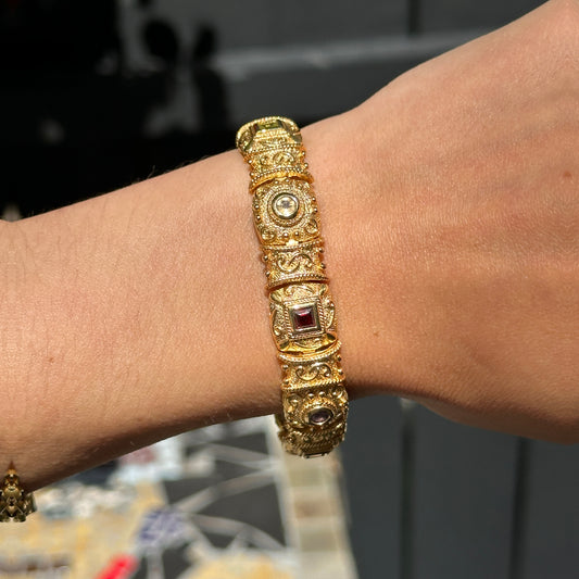 Estate Yellow Gold Plated Byzantine Gemstone Link Bracelet