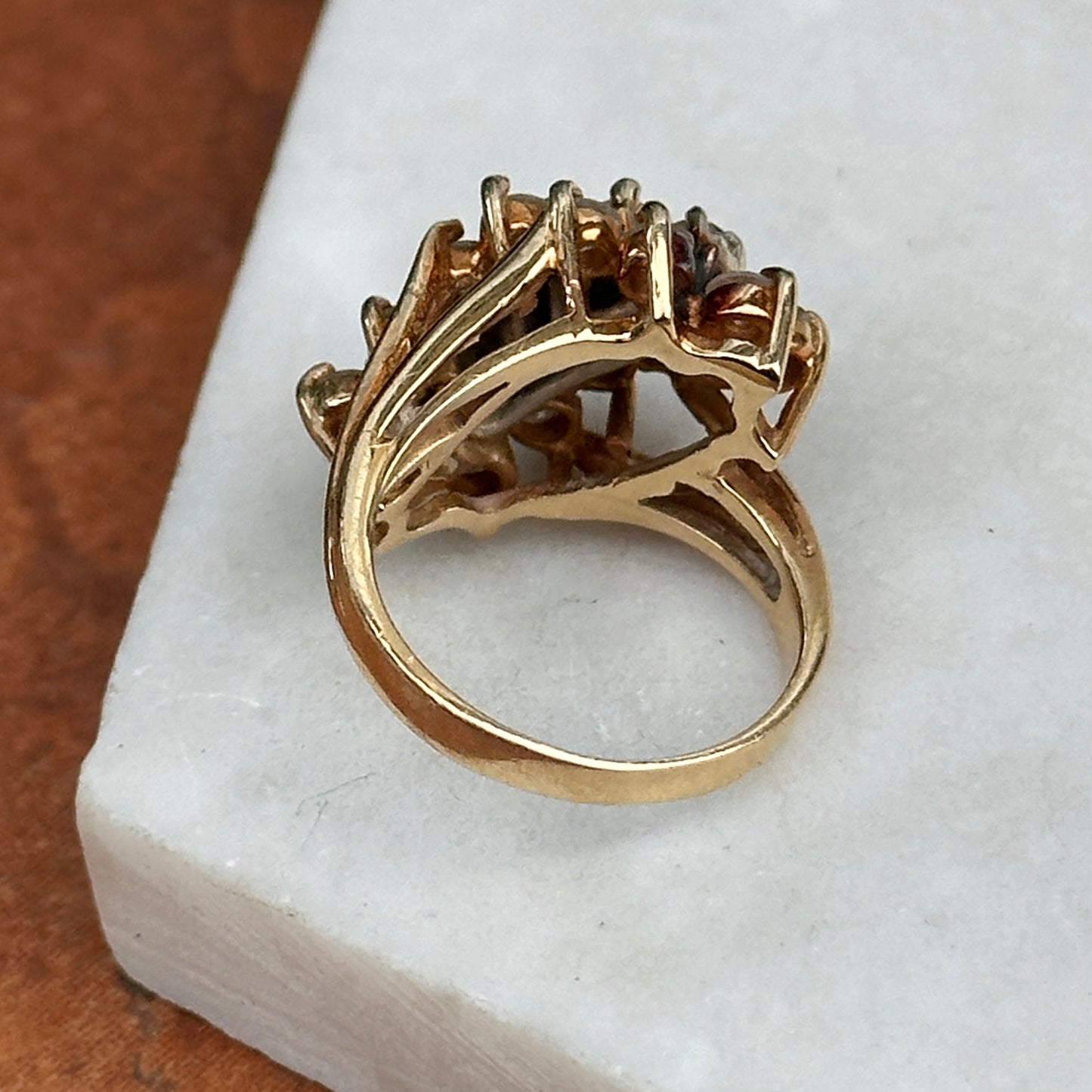 Estate 14KT Yellow Gold 3 Row Round Diamond Cluster Ring