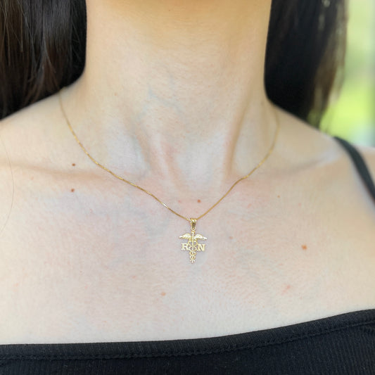 14KT Yellow Gold Diamond-Cut RN Caduceus Pendant Charm