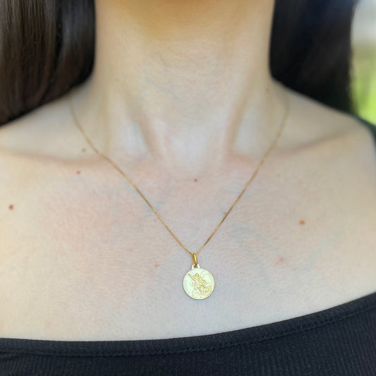 18KT Yellow Gold Matte St Michael Round Medal Pendant 16mm