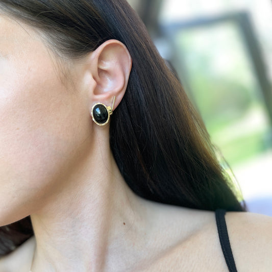 Estate 14KT Yellow Gold Bamboo Black Onyx Omega Earrings