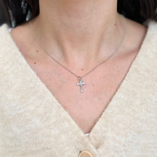 10KT White Gold Satin Diamond-Cut Crucifix Pendant Charm