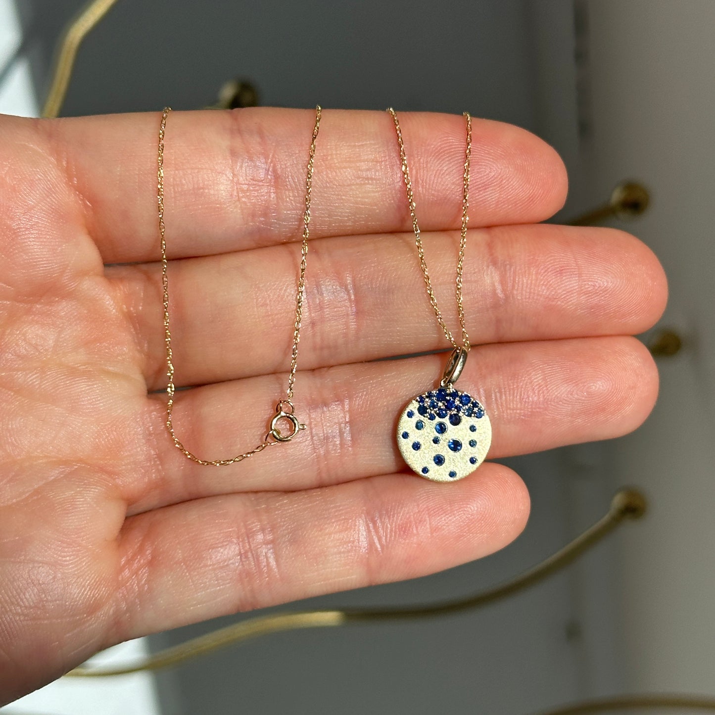 14KT Yellow Gold Scattered Sapphire Burnished Gypsy Set Disc Pendant Necklace