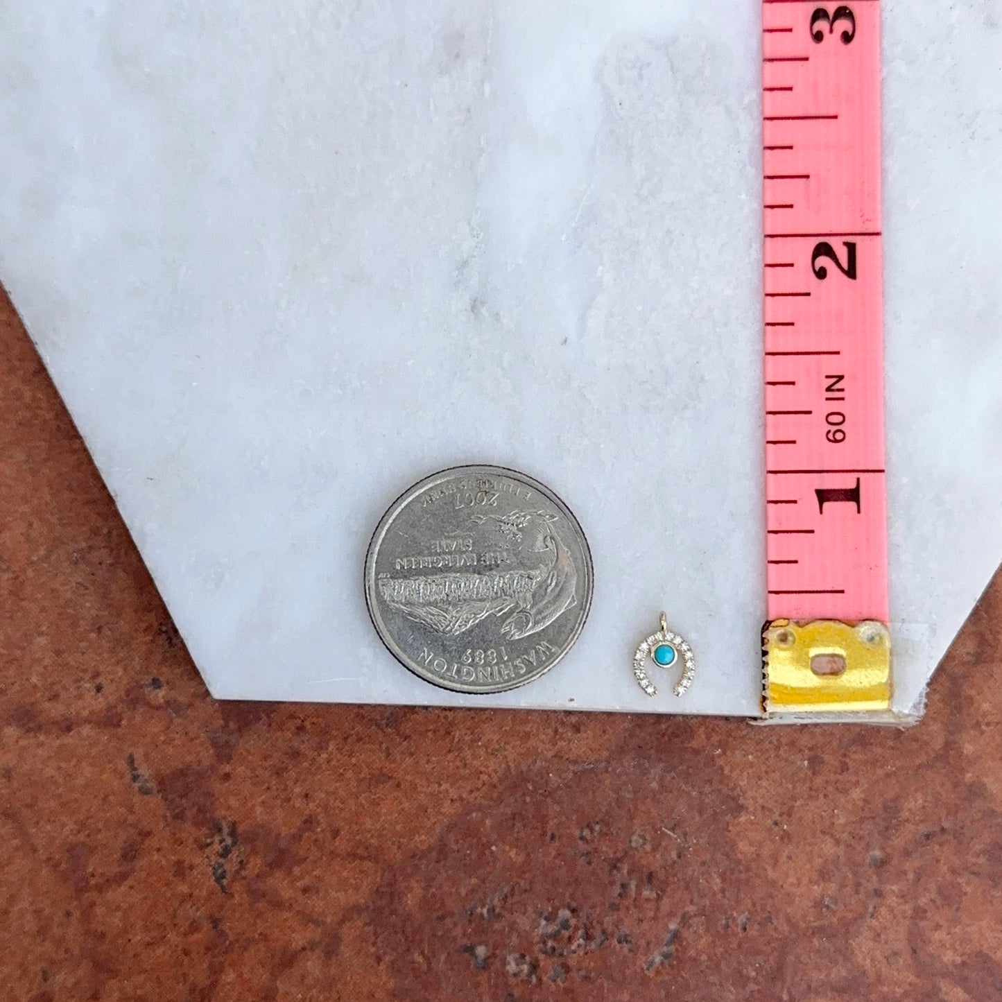 14KT Yellow Gold Pave Diamond + Turquoise Mini Horseshoe Pendant Charm