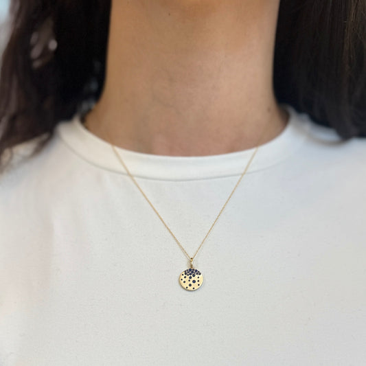 14KT Yellow Gold Scattered Sapphire Burnished Gypsy Set Disc Pendant Necklace