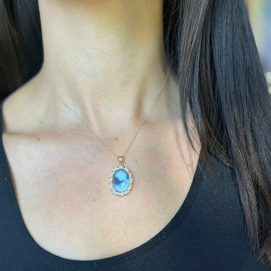 14KT Yellow Gold Mother + Baby Child Blue Cameo Diamond Frame Oval Pendant - LSJ