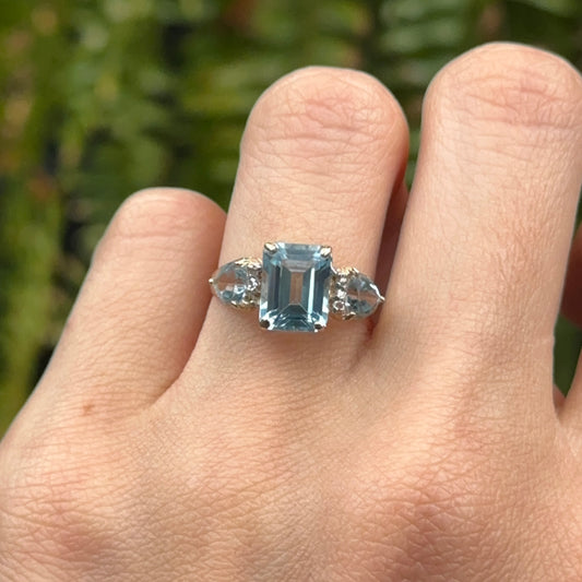 Estate 10KT Yellow Gold Emerald-Cut Blue Topaz + Diamond Ring
