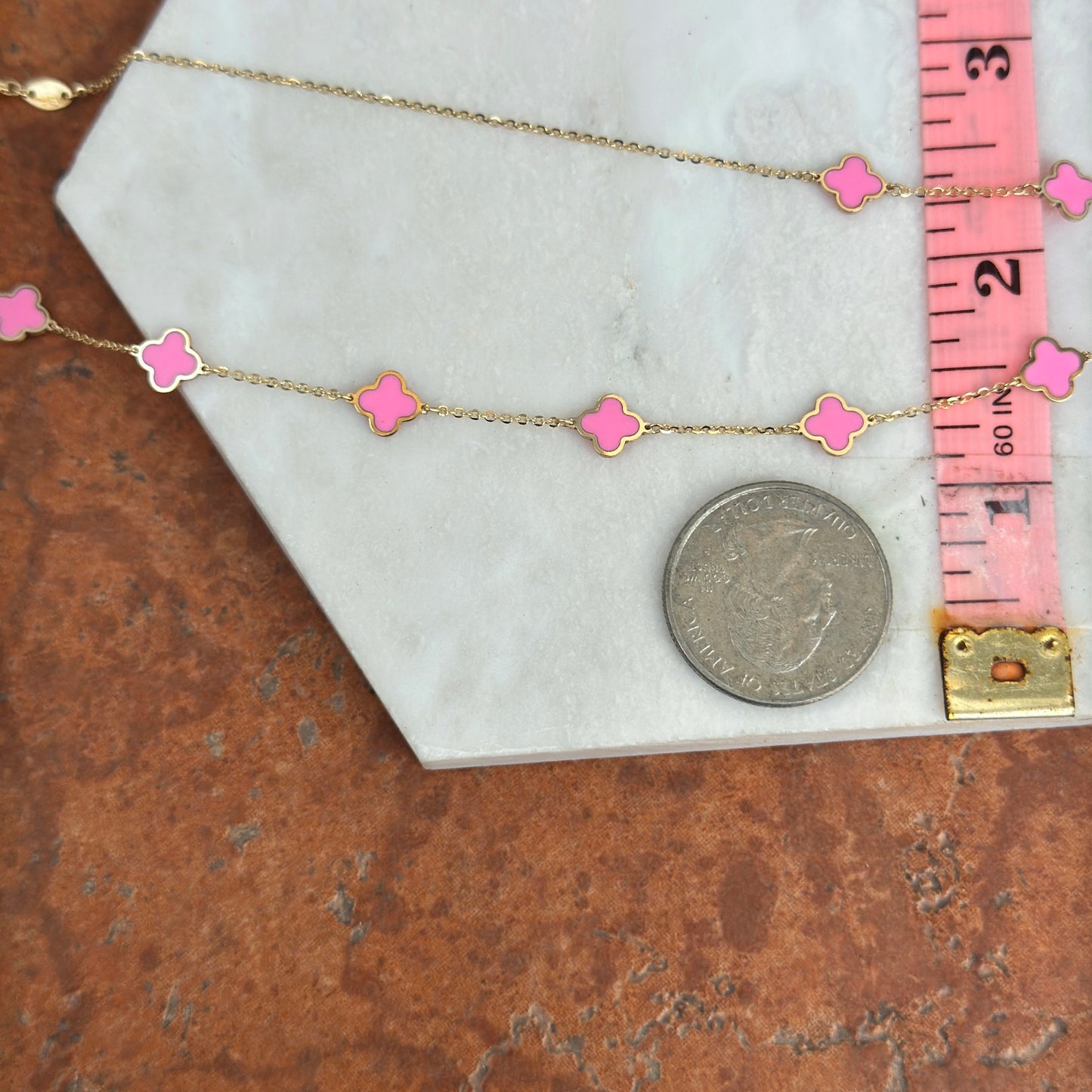 14KT Yellow Gold 7mm Pink Enamel Clover Station Cable Chain Necklace