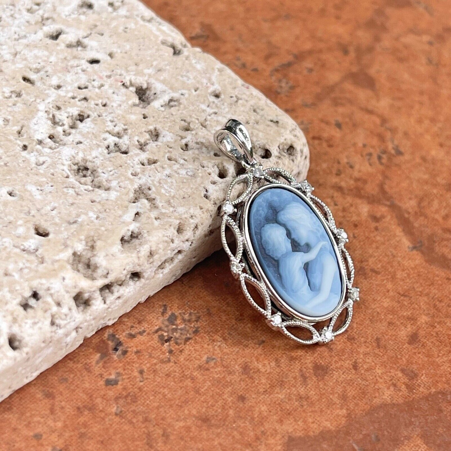 14KT White Gold Mother & Baby Blue Framed Diamond Cameo Oval Pendant