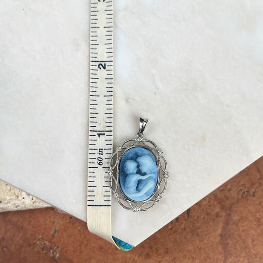 14KT White Gold Mother & Baby Blue Framed Diamond Cameo Oval Pendant