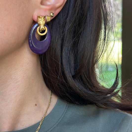 Estate Purple Gemstone Oval Door Knocker Earring Charms