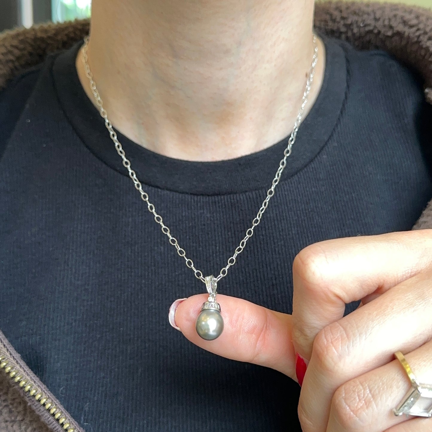 14KT White Gold Diamond + Tahitian Gray Pearl Pendant Enhancer