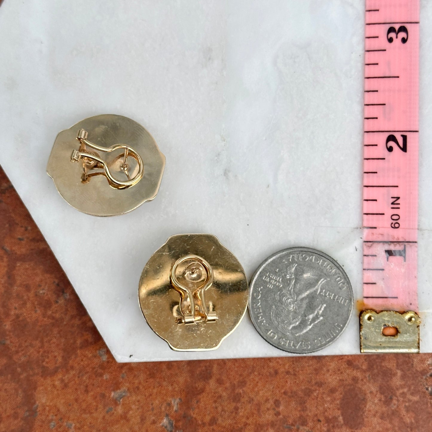 Estate 14KT Yellow Gold Byzantine Black Onyx Intaglio With Garnet Omega Back Earrings