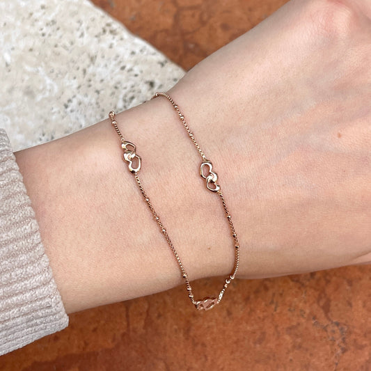 Rose-Toned Sterling Silver Interlocking Hearts Thin Chain Anklet