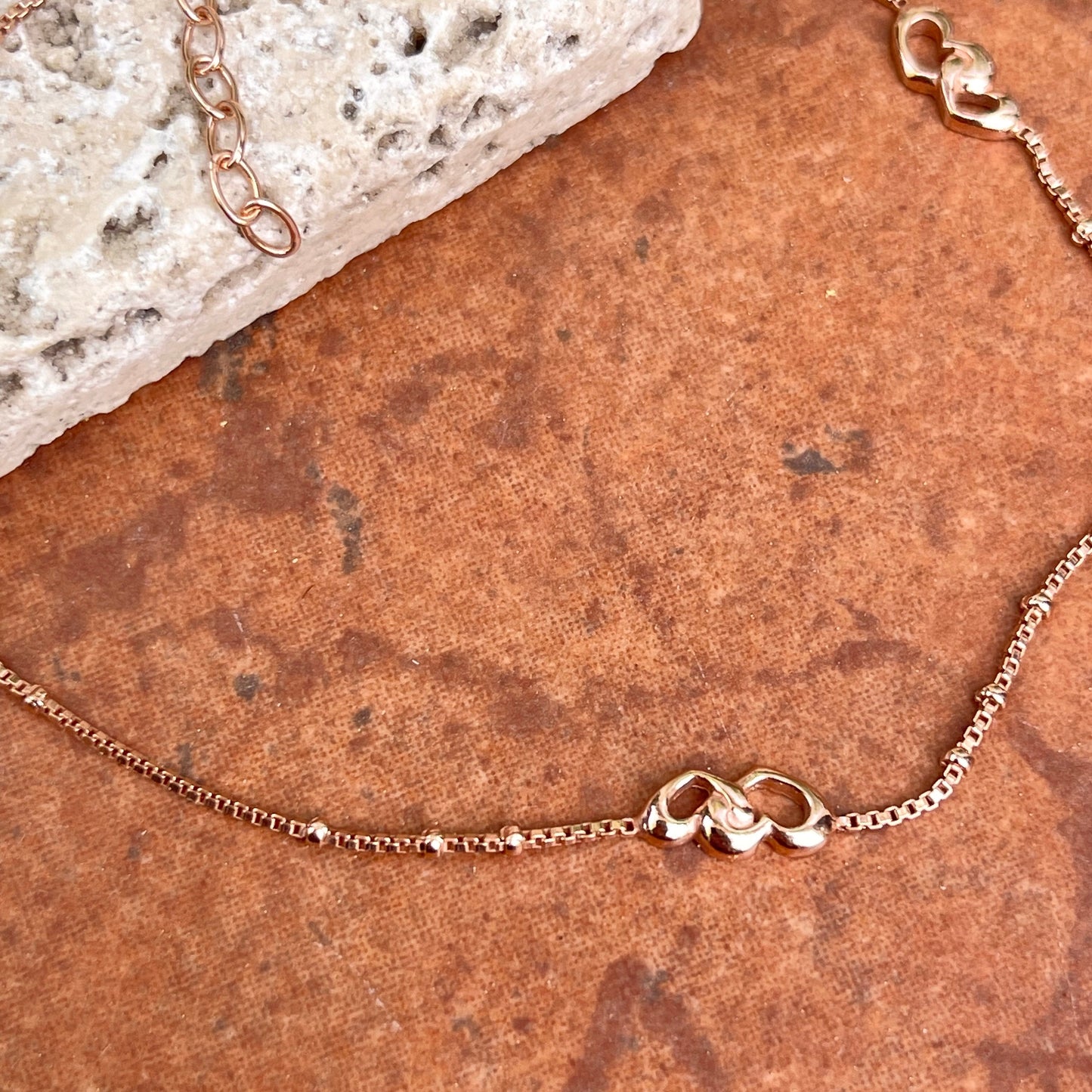 Rose-Toned Sterling Silver Interlocking Hearts Thin Chain Anklet