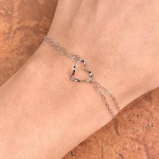 14KT White Gold Double Open Link Chains Heart Anklet