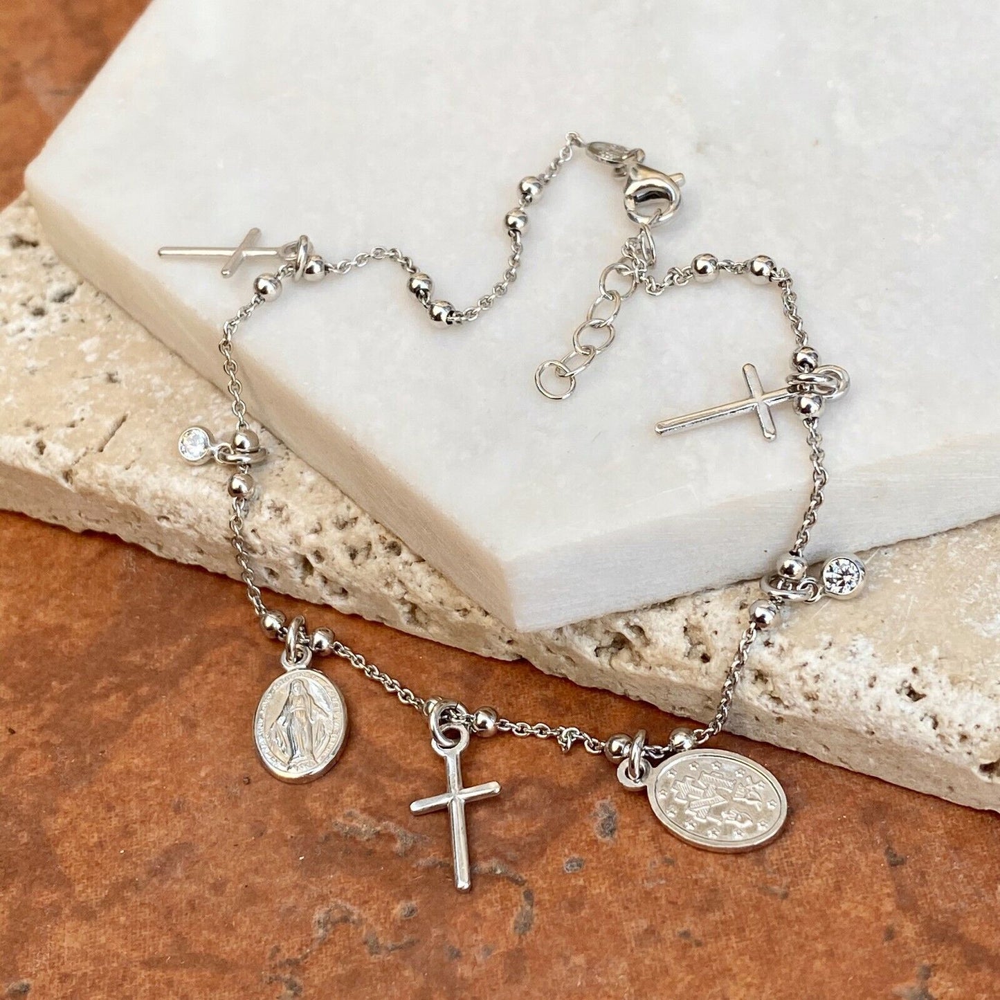 Sterling Silver Polished Cross, CZ, Mary Medal Charms Chain Anklet