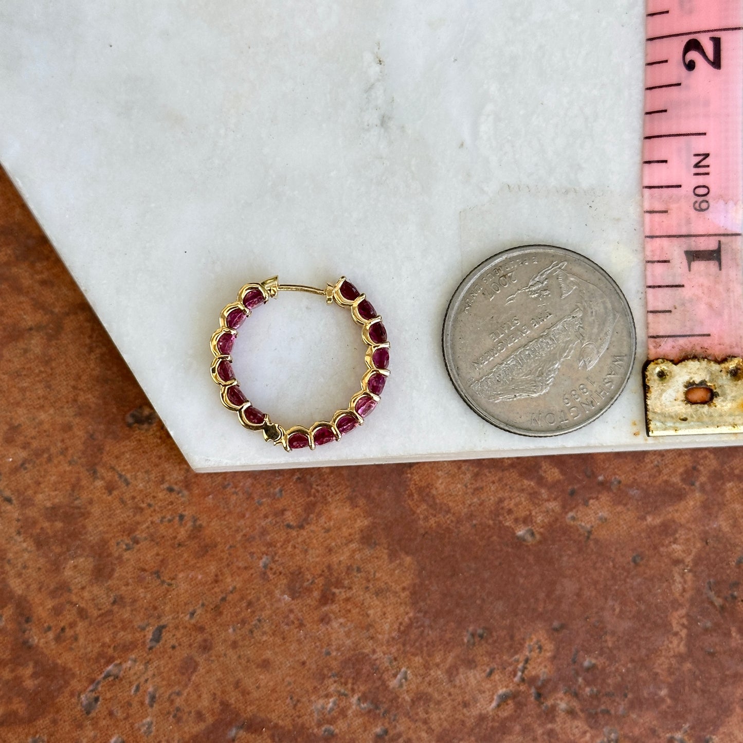 18KT Yellow Gold Oval Pink Tourmaline Inside/ Out Hoop Earrings