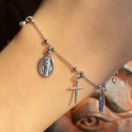 Sterling Silver Polished Cross, CZ, Mary Medal Charms Chain Anklet