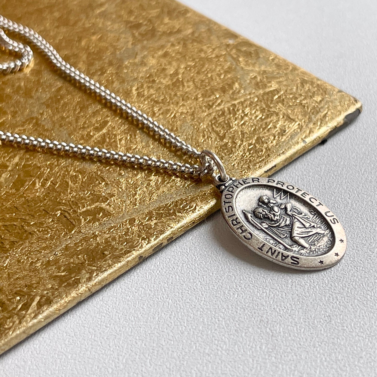 Sterling Silver Antiqued Oval St Christopher Medal Pendant Necklace