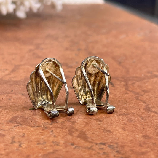 Vintage Patina'd Silver Tone Ribbed Fan Corrugated Omega Back Earrings