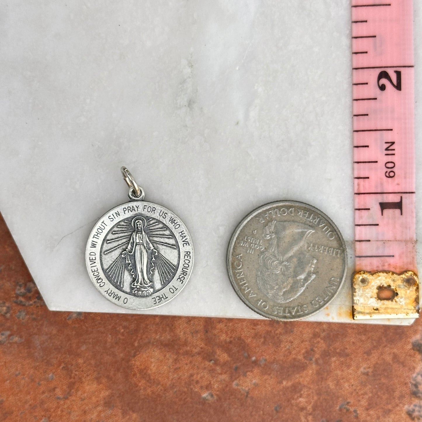 Sterling Silver Antiqued Round Miraculous Medal Pendant 22mm - LSJ