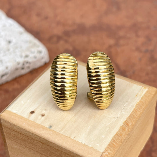 Estate Yellow Gold-Tone Ribbed Corrugated Lines Style Omega Back Earrings