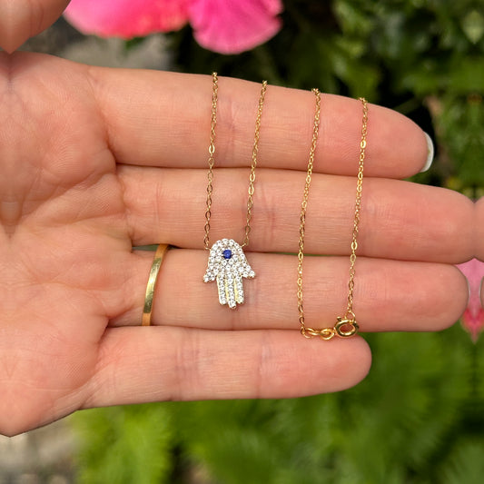 10KT Yellow Gold Pave Lab Sapphire Hamsa Pendant Necklace